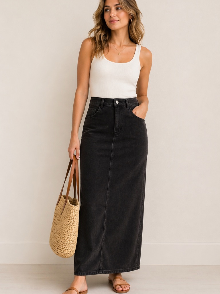Bill Blass Black Corduroy Maxi Skirt High Waisted Minimalist 12